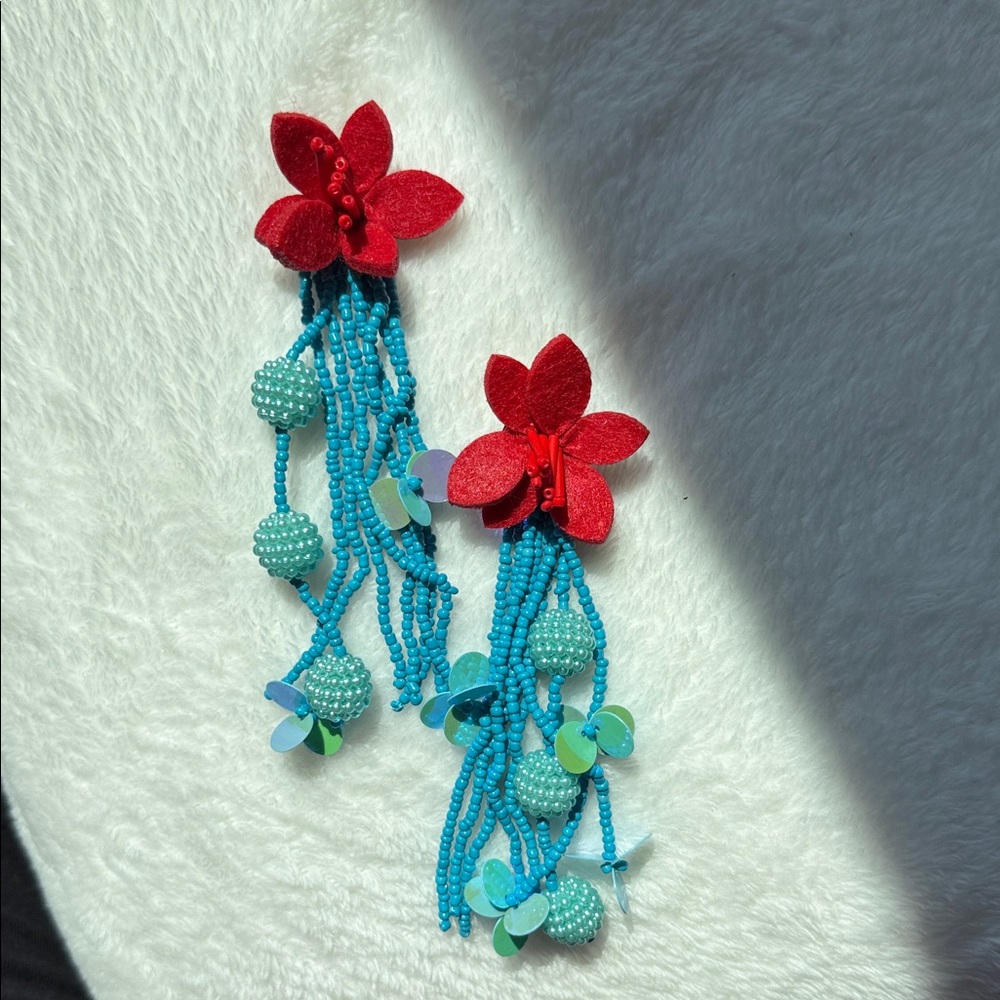 Red Floral Beaded Earrings